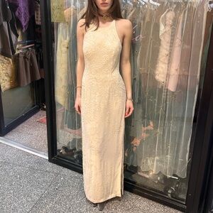 vintage white celestial beaded high neck wedding dress maxi cross back side slit